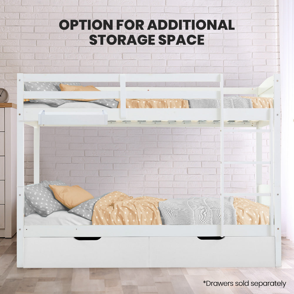 Kingston Slumber Single Bunk Bed Frame Solid Pine Wood Timber Modular Design White - Furniture > Bedroom > Beds & Bed