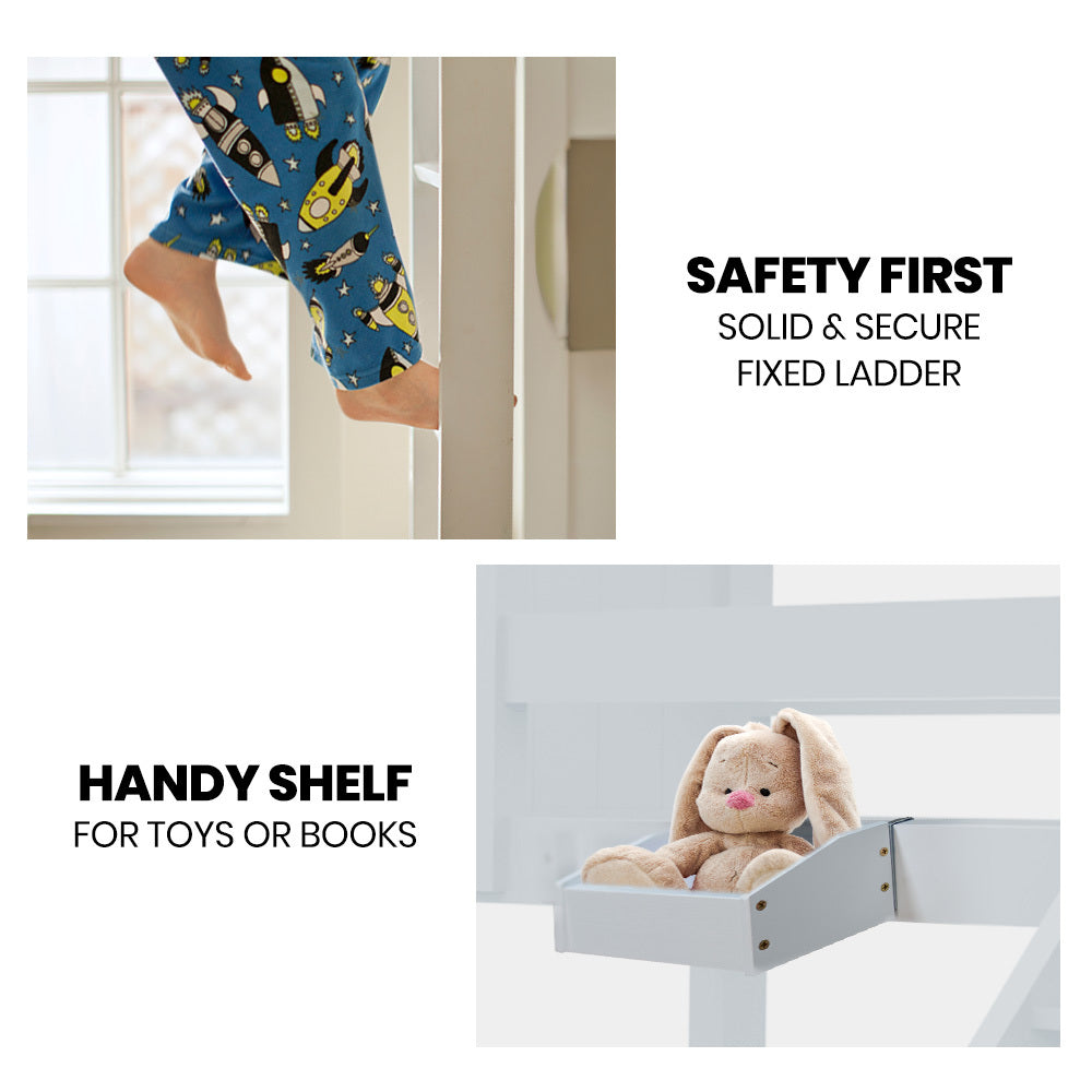 Kingston Slumber Single Bunk Bed Frame Solid Pine Wood Timber Modular Design White - Furniture > Bedroom > Beds & Bed