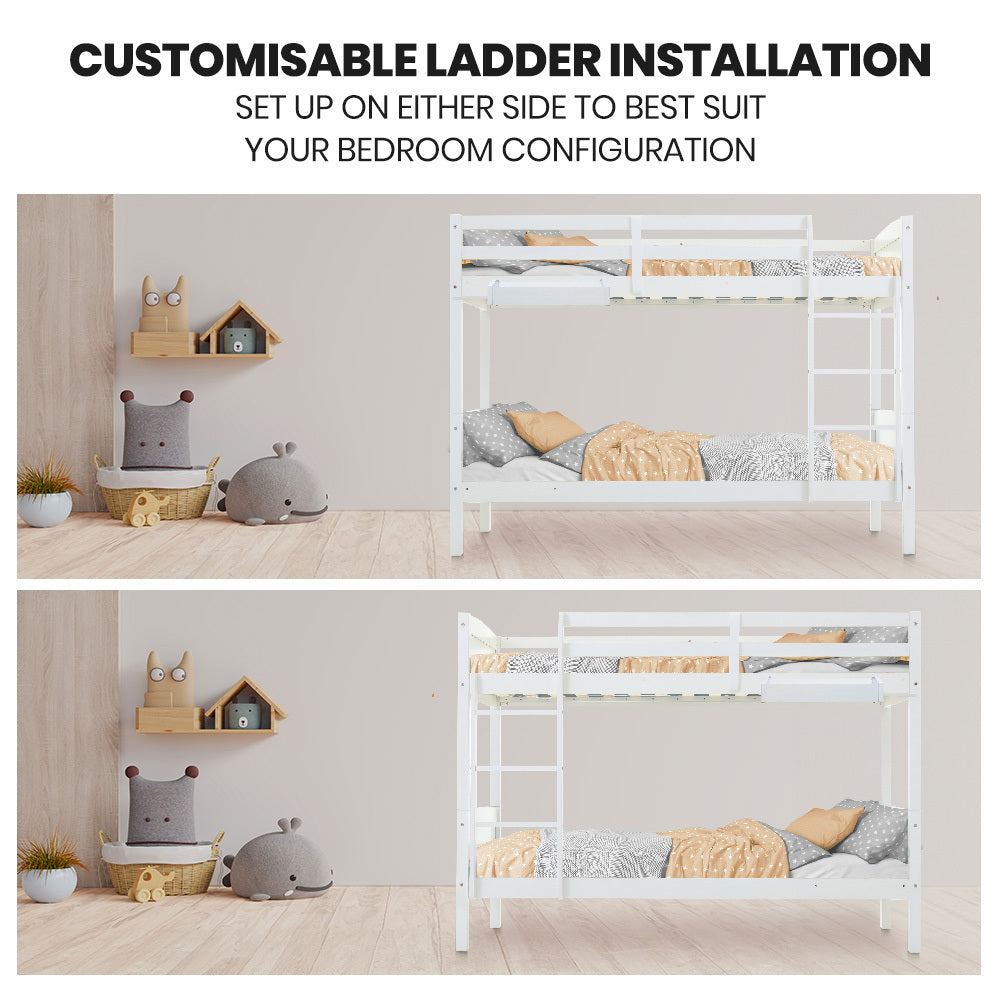 Kingston Slumber Single Bunk Bed Frame Solid Pine Wood Timber Modular Design White - Furniture > Bedroom > Beds & Bed