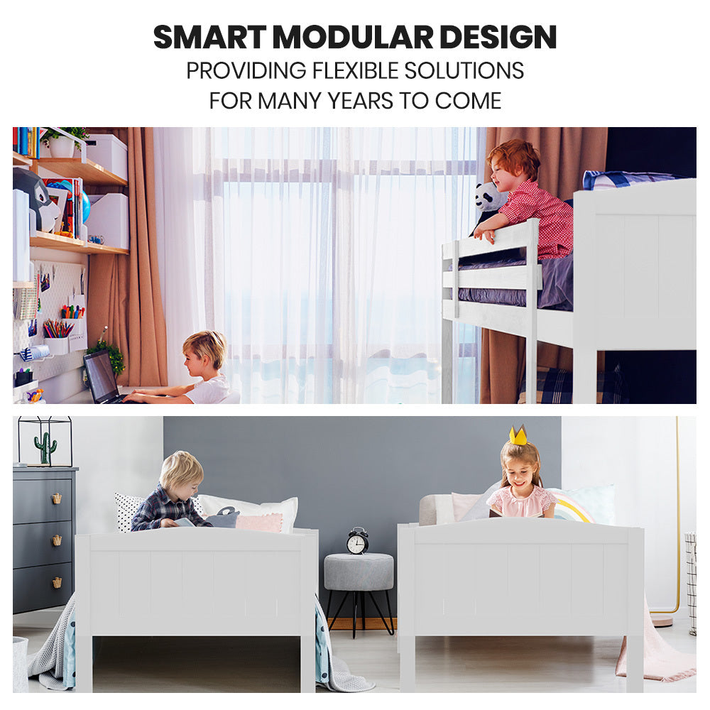 Kingston Slumber Single Bunk Bed Frame Solid Pine Wood Timber Modular Design White - Furniture > Bedroom > Beds & Bed