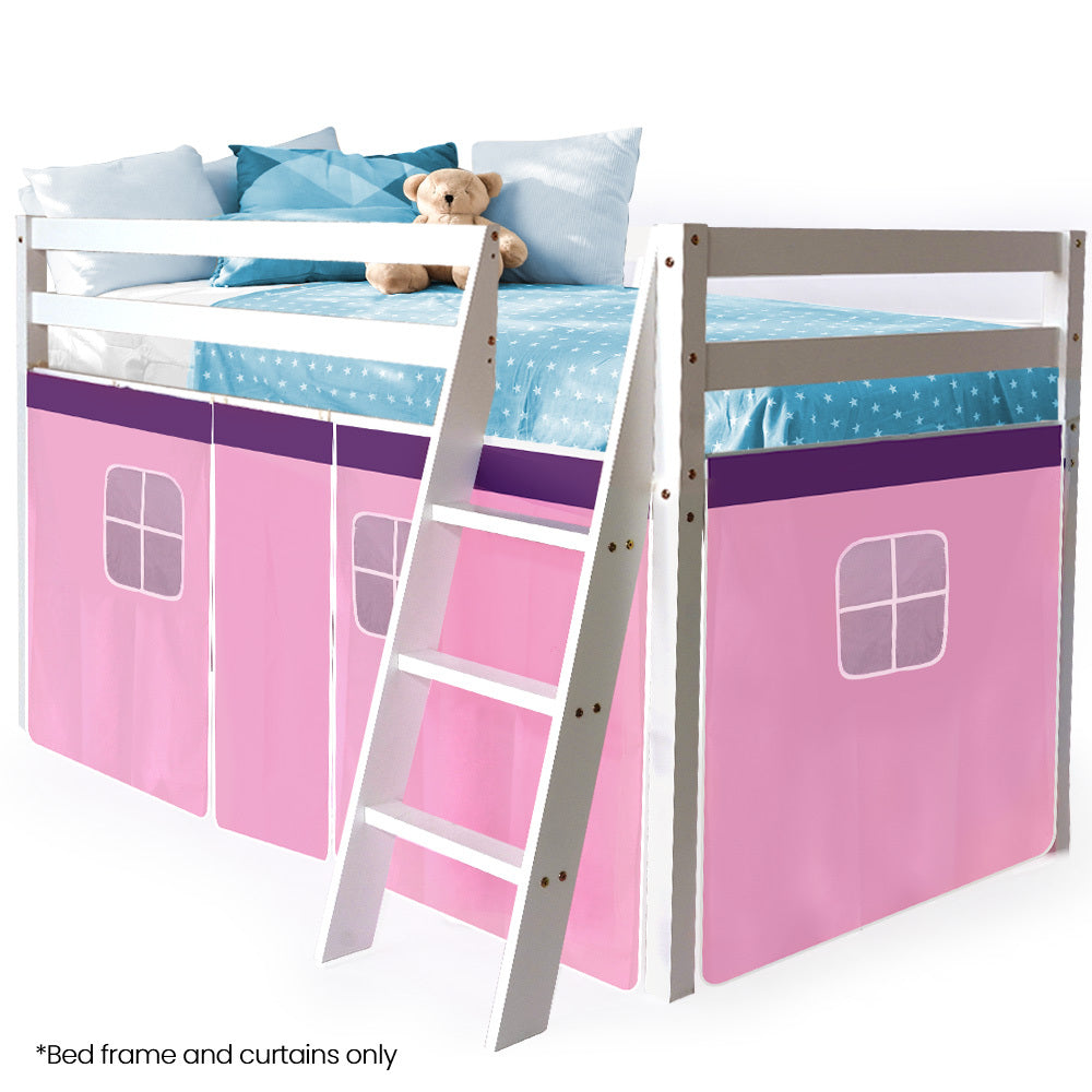Kingston Slumber Wooden Kids Single Loft Bed Frame Hiding Space Underneath with Interchangeable Pink and Blue Curtains