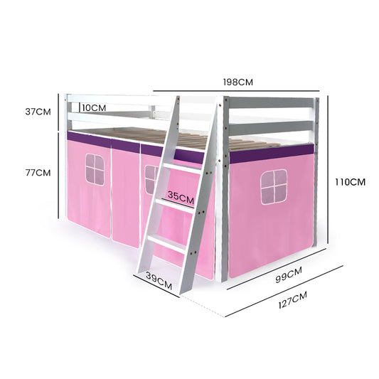 Kingston Slumber Wooden Kids Single Loft Bed Frame Hiding Space Underneath with Interchangeable Pink and Blue Curtains