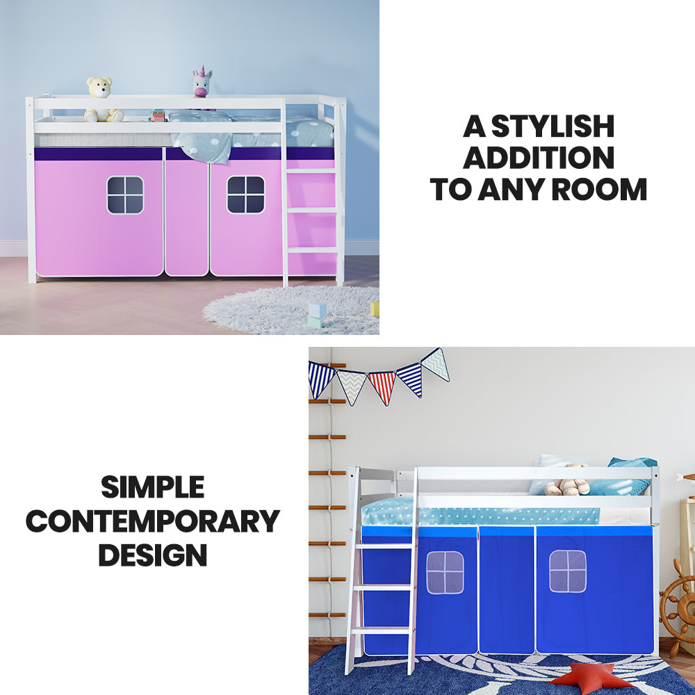 Kingston Slumber Wooden Kids Single Loft Bed Frame Hiding Space Underneath with Interchangeable Pink and Blue Curtains