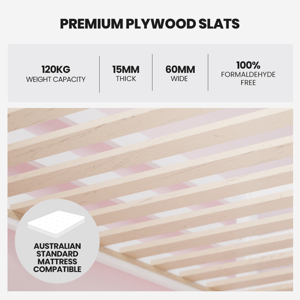 Kingston Slumber Wooden Kids Single Loft Bed Frame Hiding Space Underneath with Interchangeable Pink and Blue Curtains