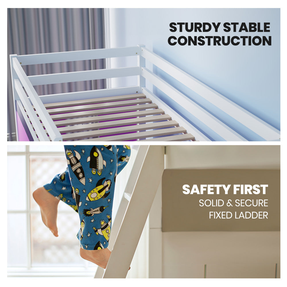 Kingston Slumber Wooden Kids Single Loft Bed Frame Hiding Space Underneath with Interchangeable Pink and Blue Curtains
