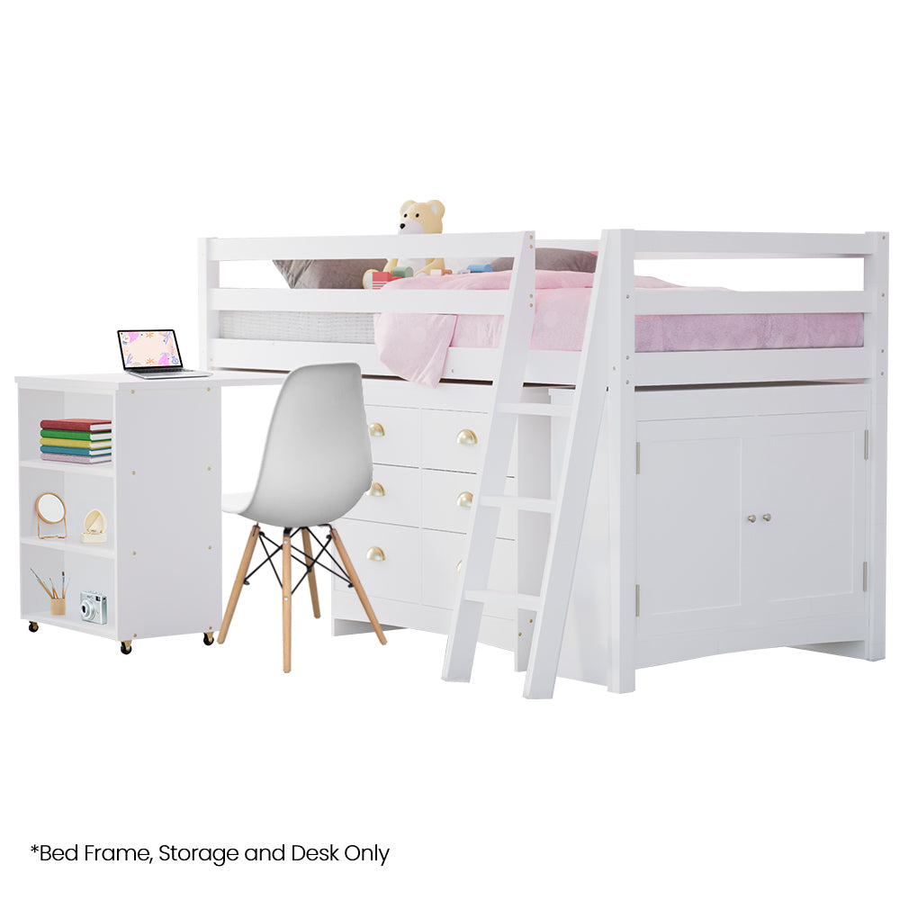 KINGSTON SLUMBER Wooden Kids Single Loft Bed Frame with Pull Out Desk Storage Drawers Cabinet - White - Furniture >