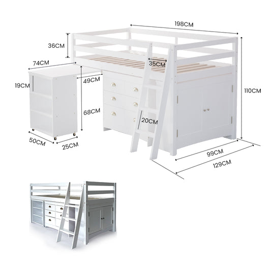 KINGSTON SLUMBER Wooden Kids Single Loft Bed Frame with Pull Out Desk Storage Drawers Cabinet - White - Furniture >