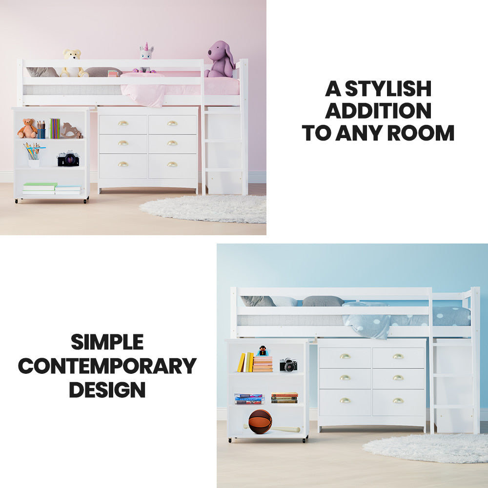 KINGSTON SLUMBER Wooden Kids Single Loft Bed Frame with Pull Out Desk Storage Drawers Cabinet - White - Furniture >