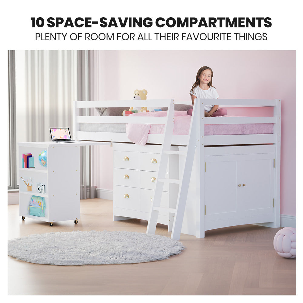 KINGSTON SLUMBER Wooden Kids Single Loft Bed Frame with Pull Out Desk Storage Drawers Cabinet - White - Furniture >
