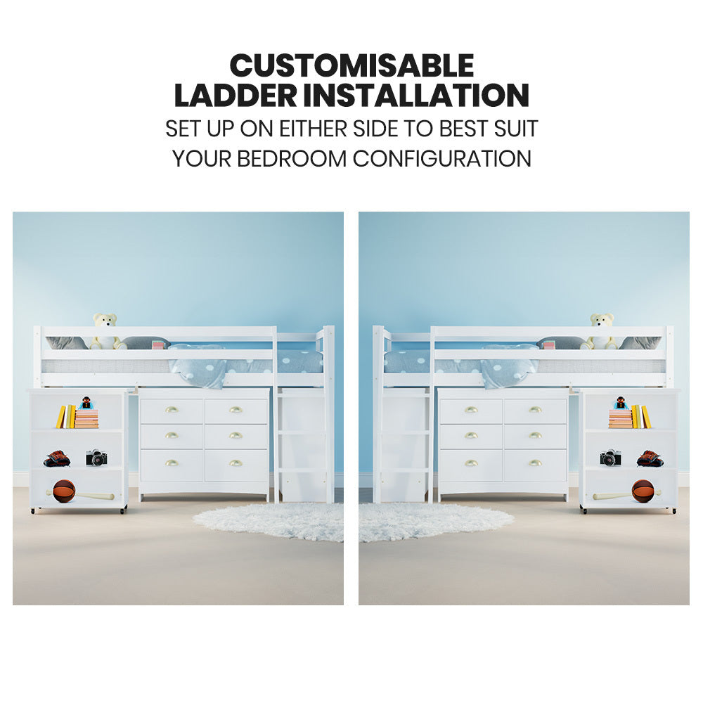 KINGSTON SLUMBER Wooden Kids Single Loft Bed Frame with Pull Out Desk Storage Drawers Cabinet - White - Furniture >