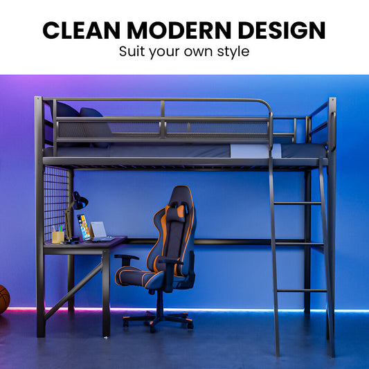 Gaming Loft Bed with Desk Gridwall Steel Metal Frame Space Saving Design for Single Mattress Matte Dark Grey