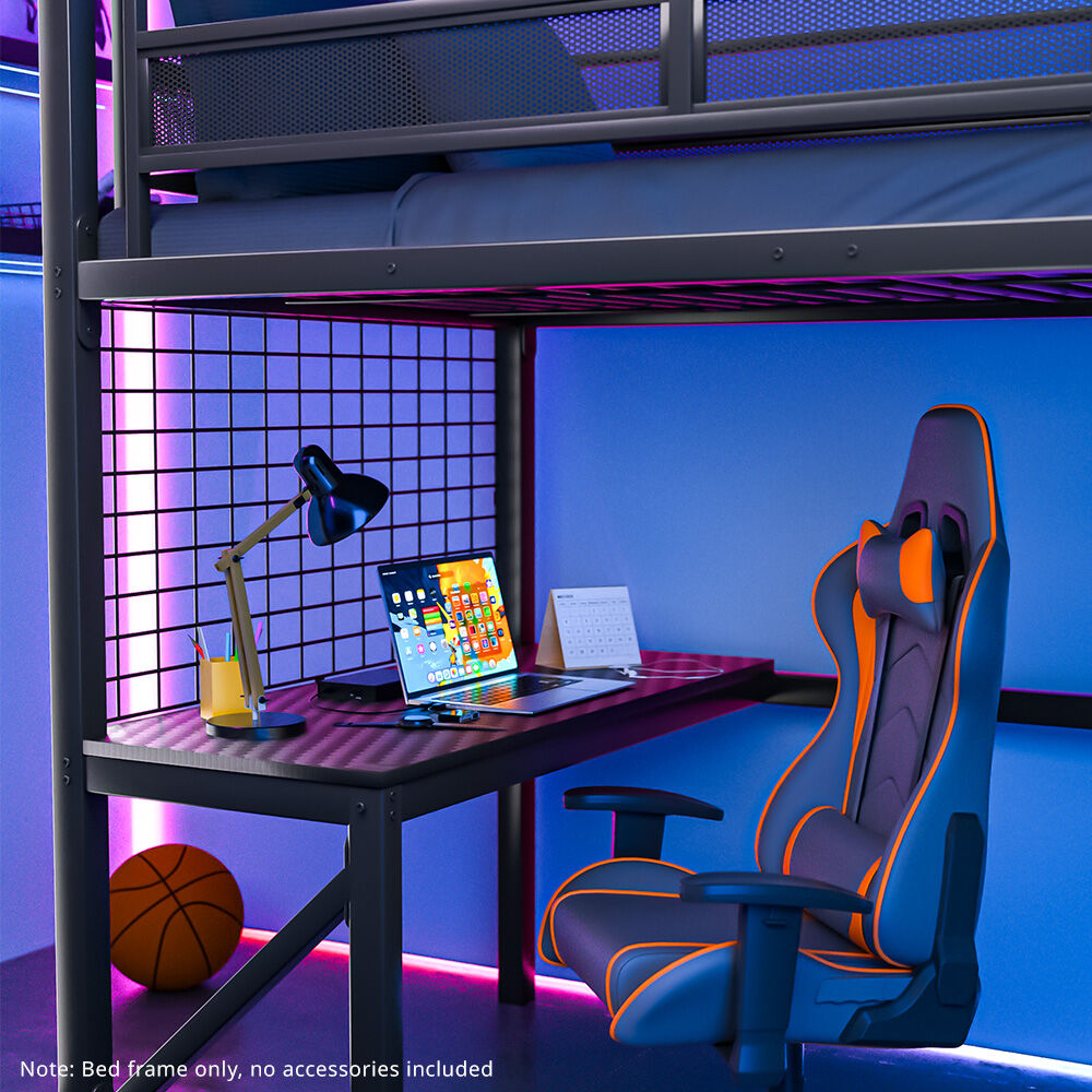 Gaming Loft Bed with Desk Gridwall Steel Metal Frame Space Saving Design for Single Mattress Matte Dark Grey Furniture