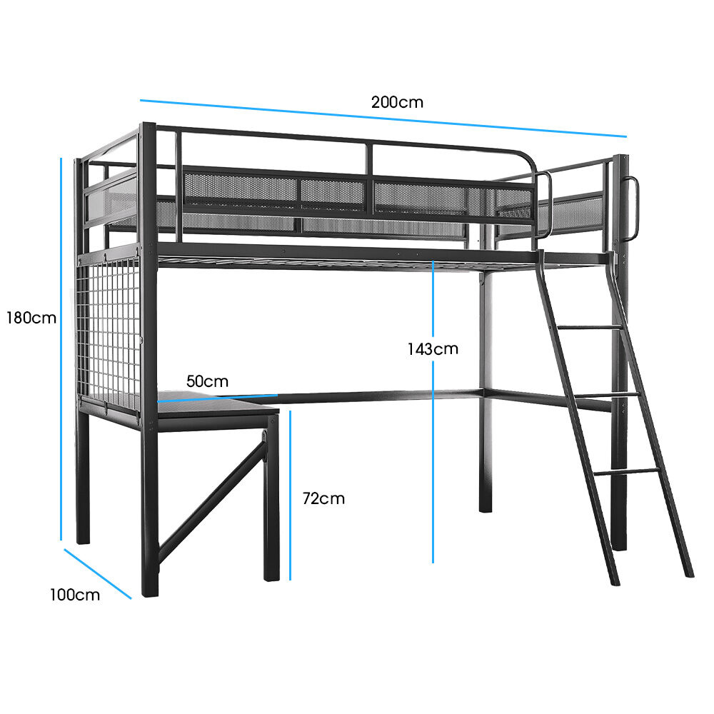 Gaming Loft Bed with Desk Gridwall Steel Metal Frame Space Saving Design for Single Mattress Matte Dark Grey Furniture