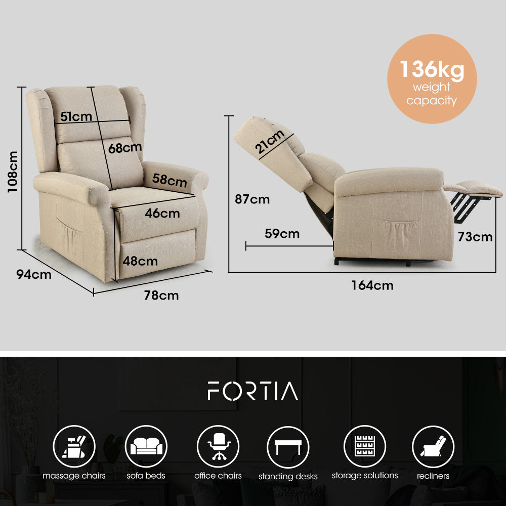 FORTIA Electric Recliner Lift Heat Chair for Elderly Massage Heat Therapy Aged Care Beige Furniture > Bar Stools &