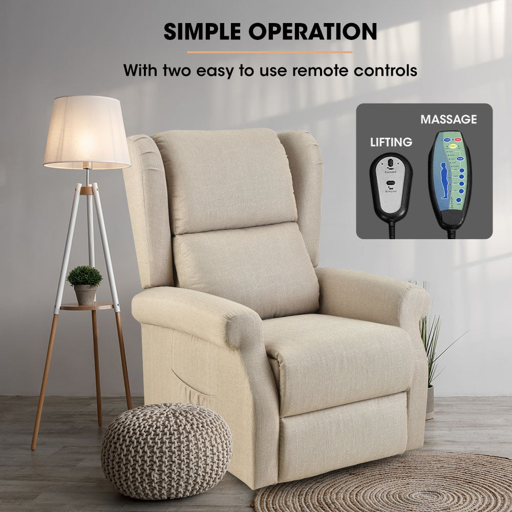 FORTIA Electric Recliner Lift Heat Chair for Elderly Massage Heat Therapy Aged Care Beige Furniture > Bar Stools &