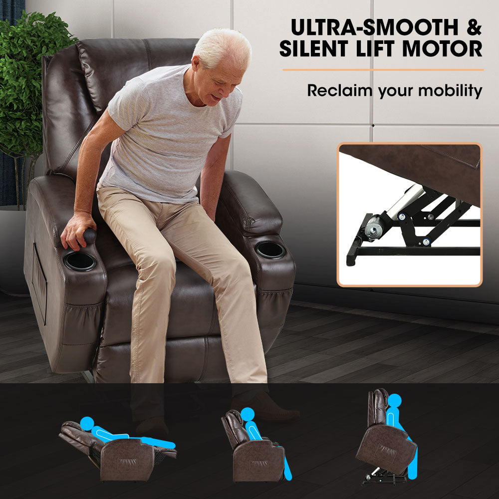 FORTIA Electric Massage Lift Recliner Chair Faux Leather 8 Point Massage Heating Dark Crimson Furniture > Bar Stools &