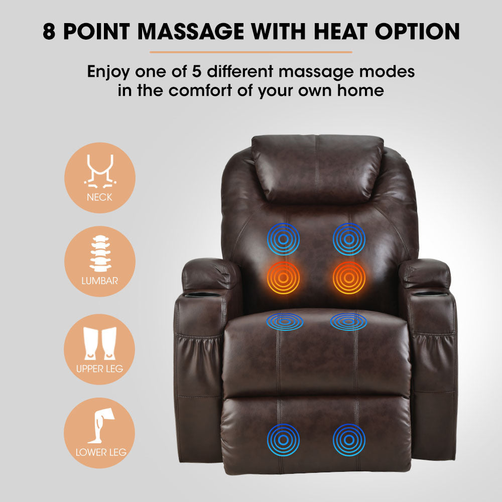 FORTIA Electric Massage Lift Recliner Chair Faux Leather 8 Point Massage Heating Dark Crimson Furniture > Bar Stools &