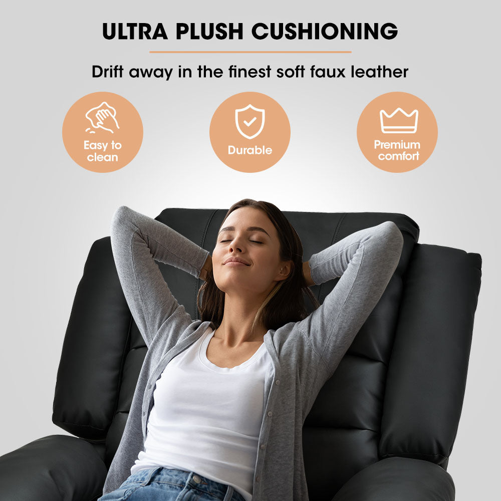 FORTIA Luxury Recliner Lounge Chair Single Faux Leather Armchair for Home Theatre Cinema Elderly Black - Furniture >