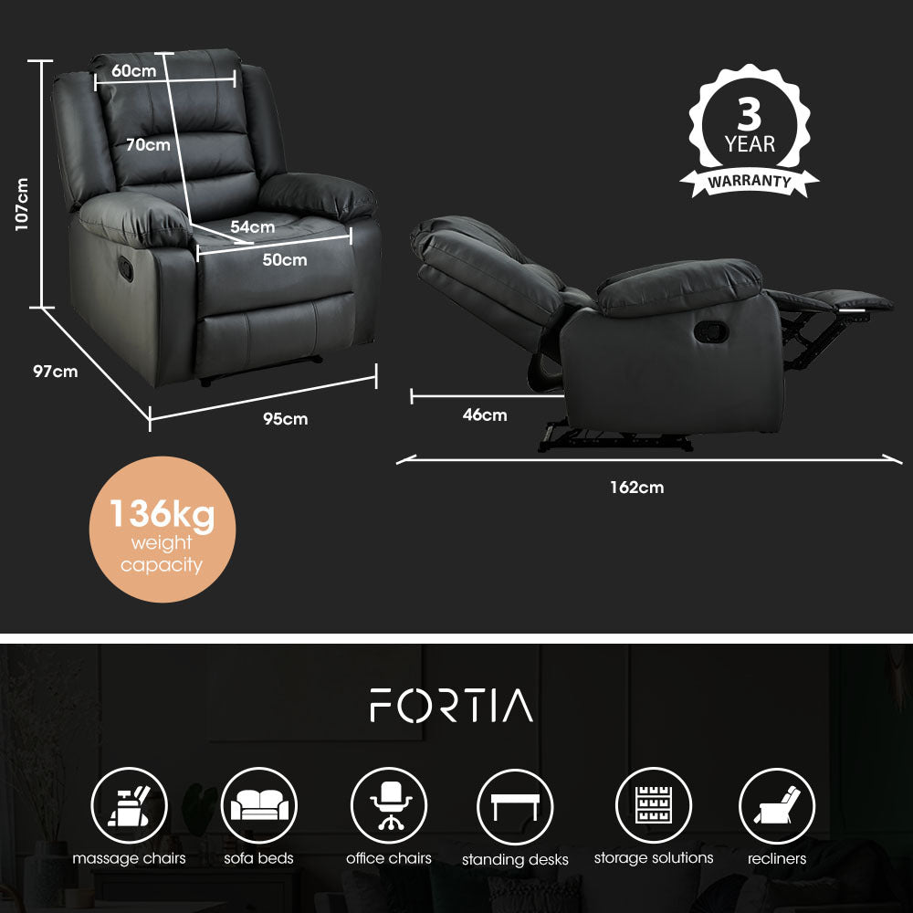 FORTIA Luxury Recliner Lounge Chair Single Faux Leather Armchair for Home Theatre Cinema Elderly Black - Furniture >