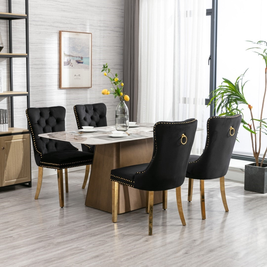AADEN 2x Velvet Dining Chairs with Golden Metal Legs Black Furniture > Dining > Dining Set