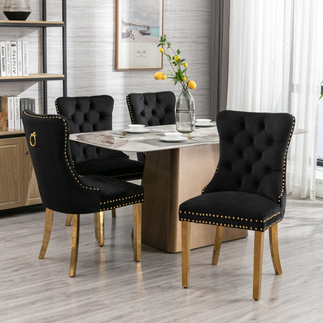 AADEN 2x Velvet Dining Chairs with Golden Metal Legs Black Furniture > Dining > Dining Set