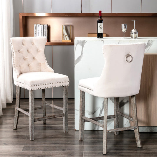6X Velvet Bar Stools with Studs Trim Wooden Legs Tufted Dining Chairs Kitchen - Furniture > Dining > Kitchen & Dining