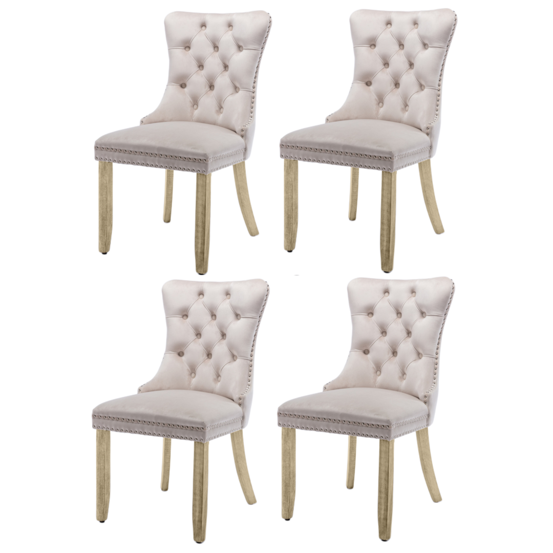 4x Velvet Dining Chairs Upholstered Tufted Kithcen Chair with Solid Wood Legs Stud Trim and Ring Beige Furniture >