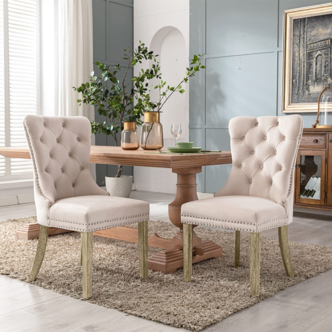 4x Velvet Dining Chairs Upholstered Tufted Kithcen Chair with Solid Wood Legs Stud Trim and Ring Beige Furniture >