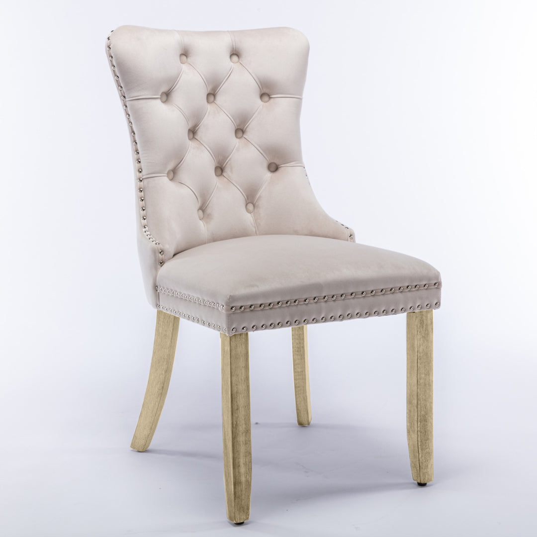 4x Velvet Dining Chairs Upholstered Tufted Kithcen Chair with Solid Wood Legs Stud Trim and Ring Beige Furniture >