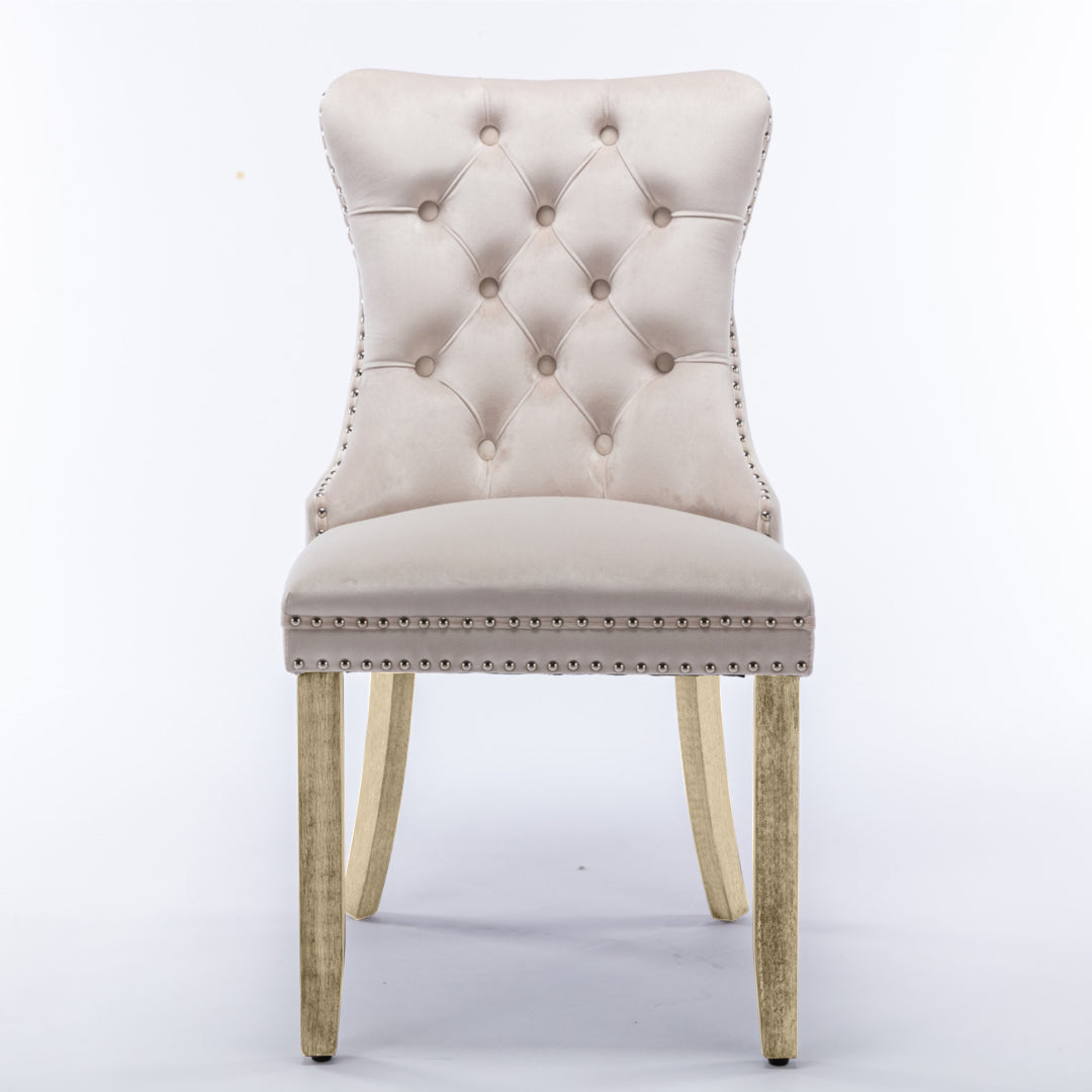 4x Velvet Dining Chairs Upholstered Tufted Kithcen Chair with Solid Wood Legs Stud Trim and Ring Beige Furniture >
