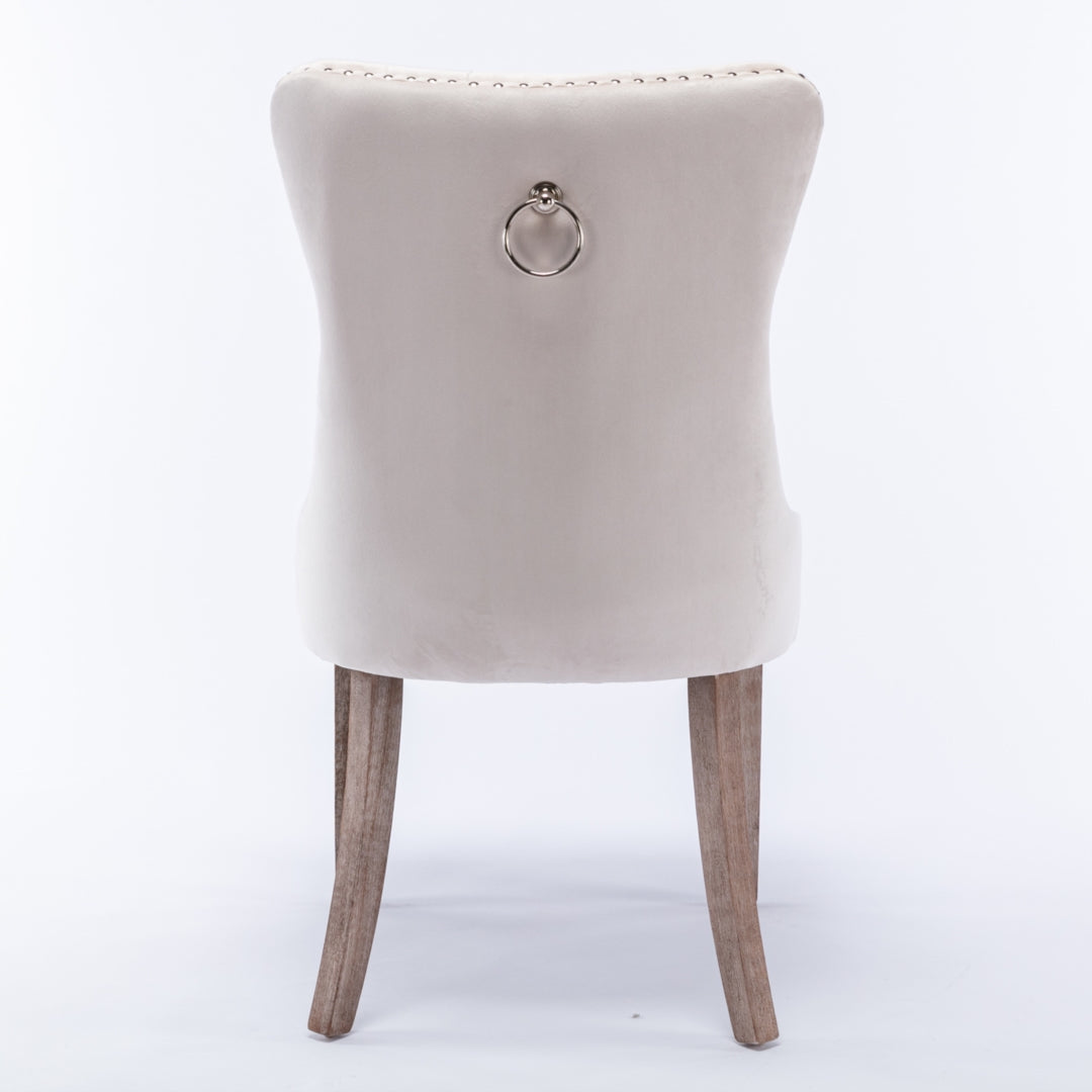 4x Velvet Dining Chairs Upholstered Tufted Kithcen Chair with Solid Wood Legs Stud Trim and Ring Beige Furniture >