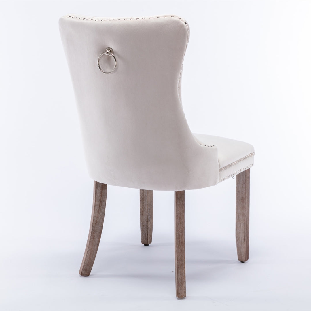 4x Velvet Dining Chairs Upholstered Tufted Kithcen Chair with Solid Wood Legs Stud Trim and Ring Beige Furniture >