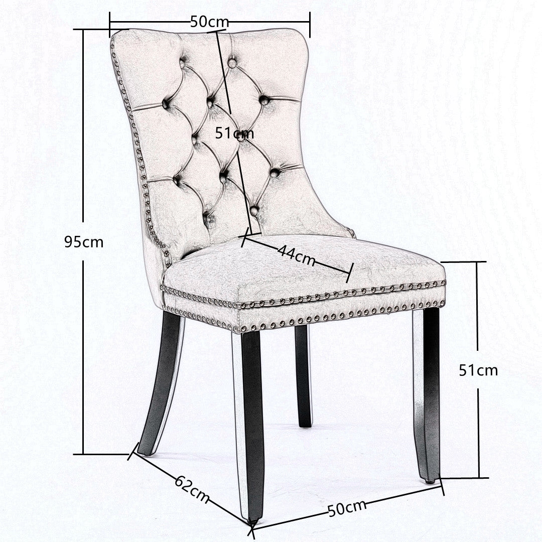 4x Velvet Dining Chairs Upholstered Tufted Kithcen Chair with Solid Wood Legs Stud Trim and Ring Beige Furniture >