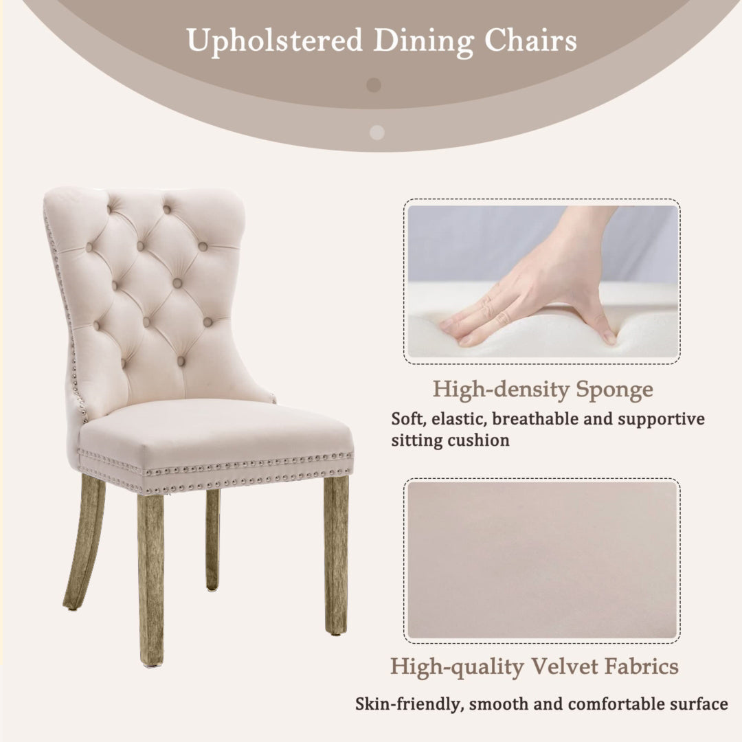 4x Velvet Dining Chairs Upholstered Tufted Kithcen Chair with Solid Wood Legs Stud Trim and Ring Beige Furniture >