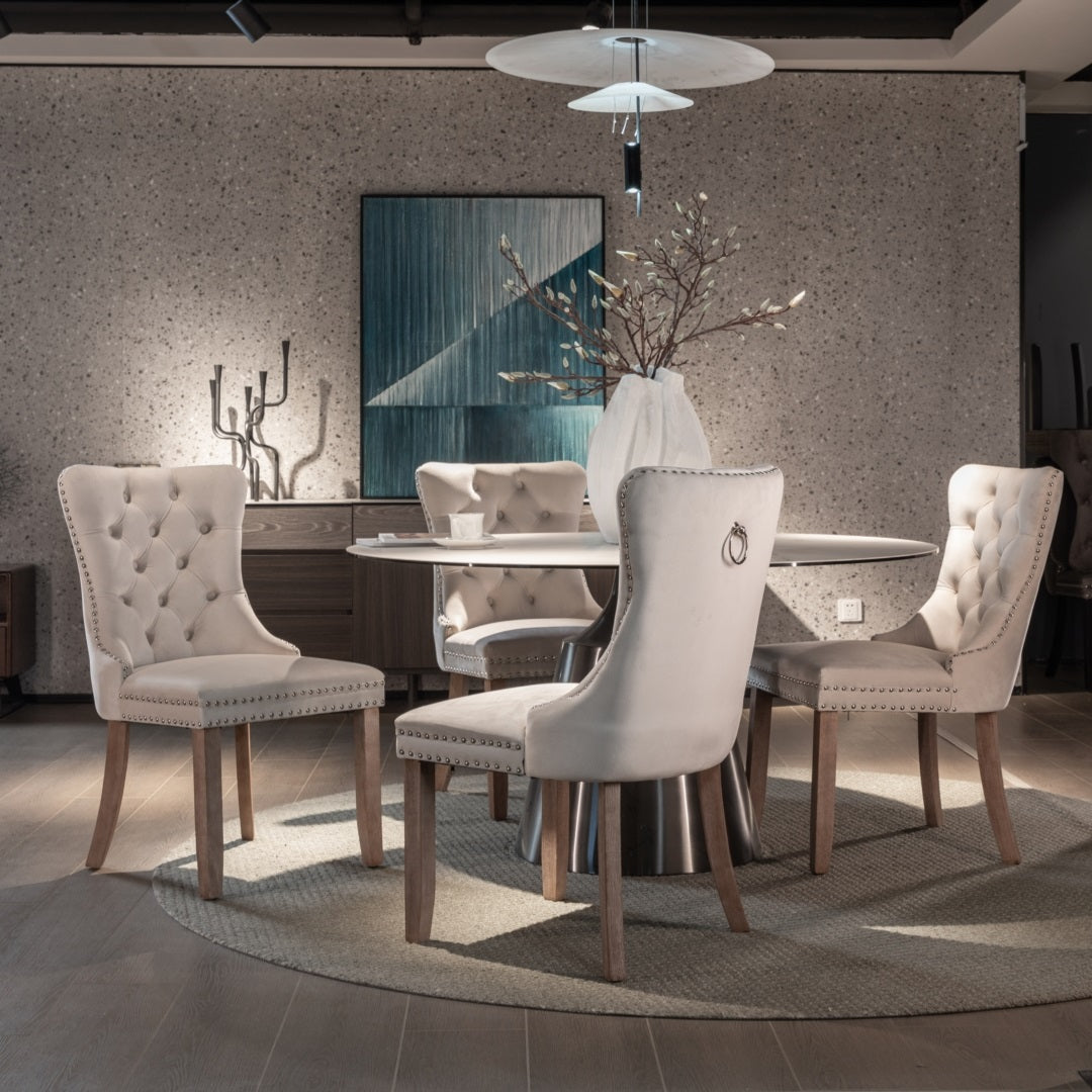 4x Velvet Dining Chairs Upholstered Tufted Kithcen Chair with Solid Wood Legs Stud Trim and Ring Beige Furniture >