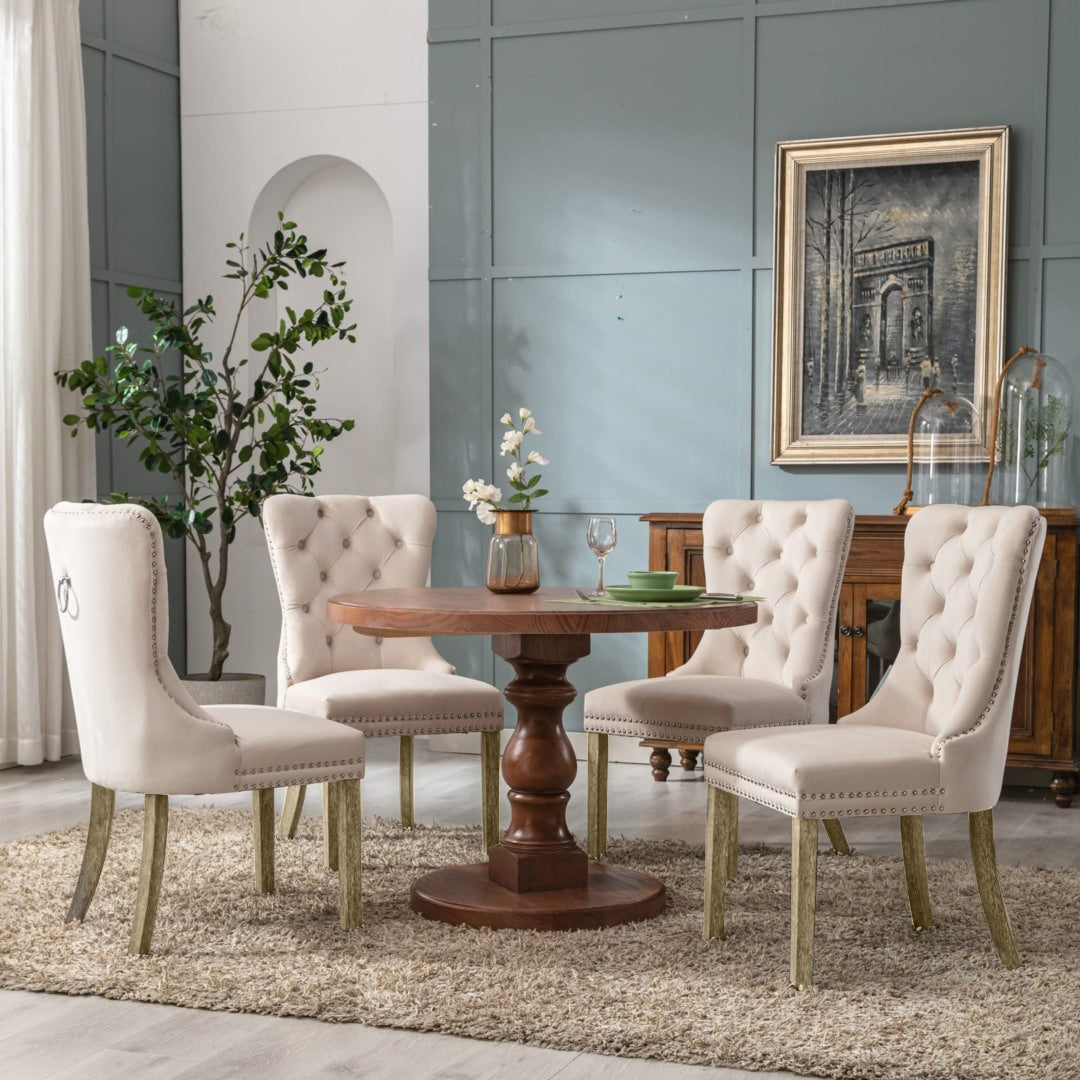 4x Velvet Dining Chairs Upholstered Tufted Kithcen Chair with Solid Wood Legs Stud Trim and Ring Beige Furniture >