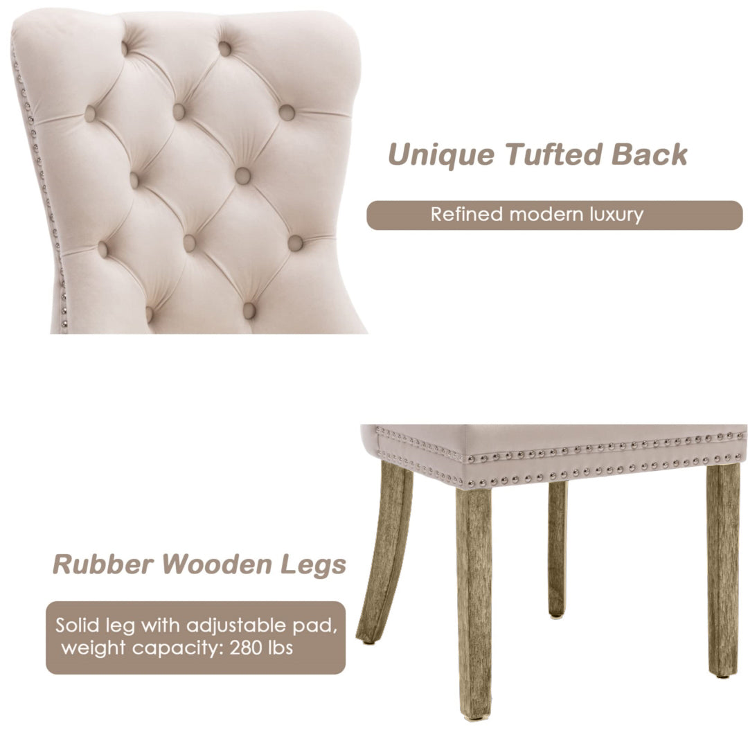 4x Velvet Dining Chairs Upholstered Tufted Kithcen Chair with Solid Wood Legs Stud Trim and Ring Beige Furniture >
