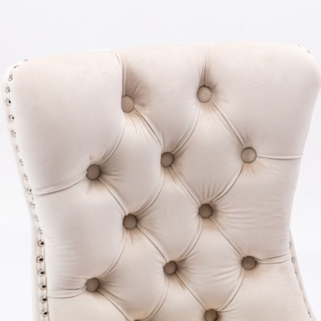 4x Velvet Dining Chairs Upholstered Tufted Kithcen Chair with Solid Wood Legs Stud Trim and Ring Beige Furniture >