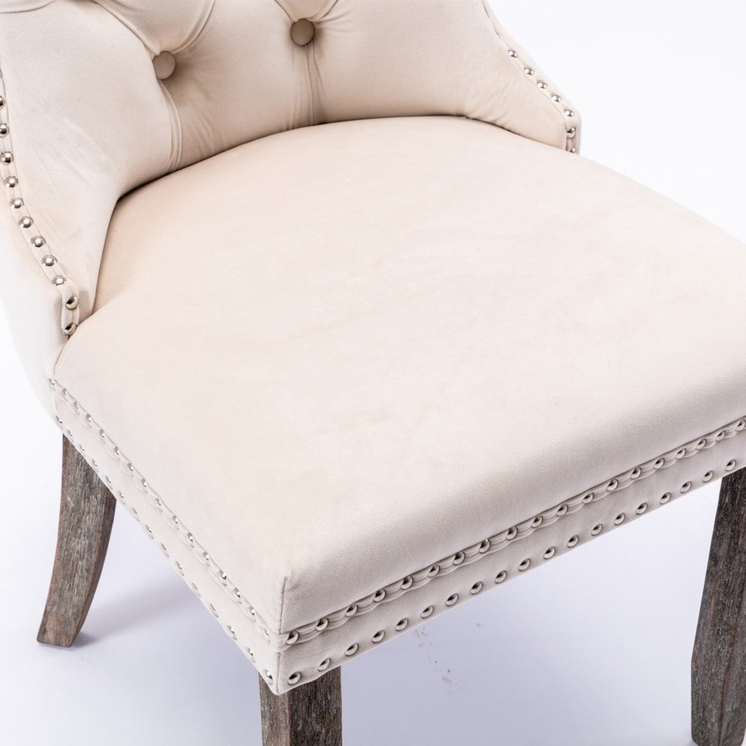 4x Velvet Dining Chairs Upholstered Tufted Kithcen Chair with Solid Wood Legs Stud Trim and Ring Beige Furniture >