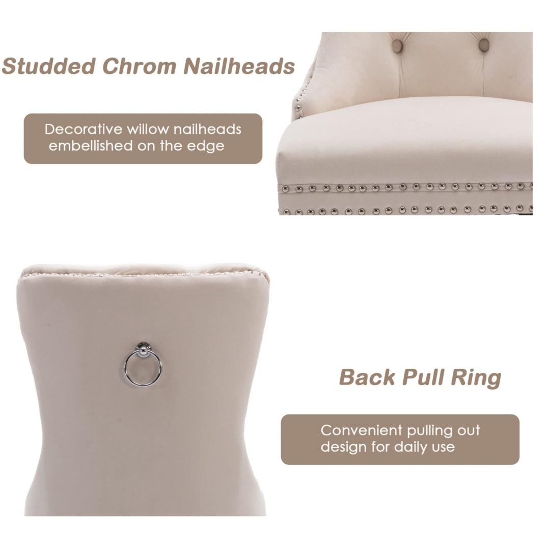 4x Velvet Dining Chairs Upholstered Tufted Kithcen Chair with Solid Wood Legs Stud Trim and Ring Beige Furniture >