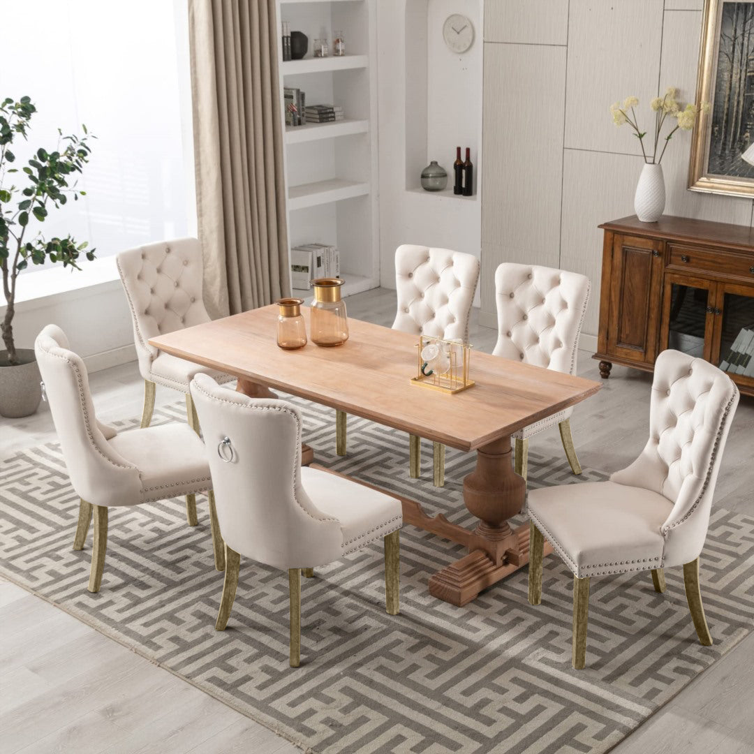 4x Velvet Dining Chairs Upholstered Tufted Kithcen Chair with Solid Wood Legs Stud Trim and Ring Beige Furniture >