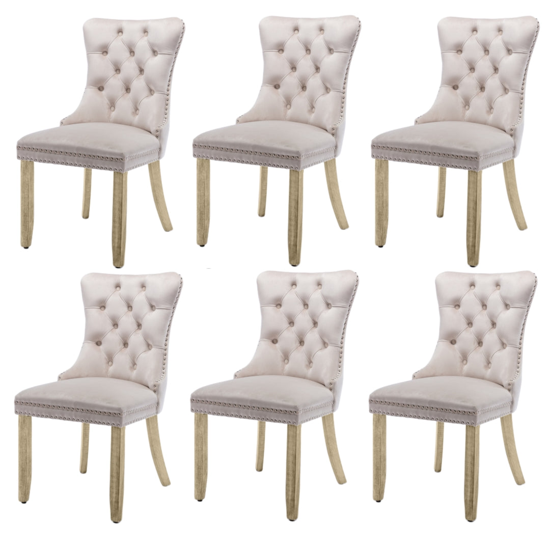 6x Velvet Dining Chairs Upholstered Tufted Kithcen Chair with Solid Wood Legs Stud Trim and Ring Beige Furniture >