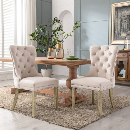 6x Velvet Dining Chairs Upholstered Tufted Kithcen Chair with Solid Wood Legs Stud Trim and Ring-Beige - Furniture >