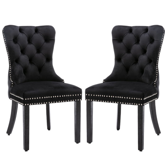 6x Velvet Dining Chairs Upholstered Tufted Kithcen Chair with Solid Wood Legs Stud Trim and Ring-Black - Furniture >
