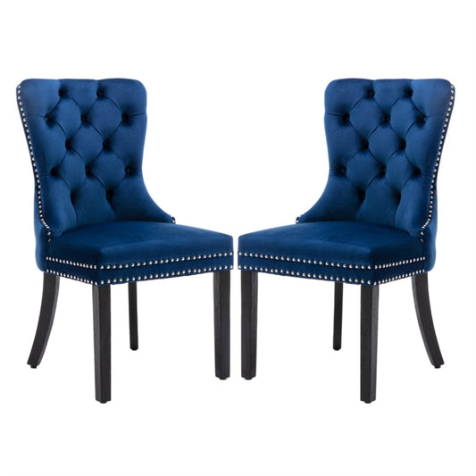 6x Velvet Dining Chairs Upholstered Tufted Kithcen Chair with Solid Wood Legs Stud Trim and Ring-Blue - Furniture >