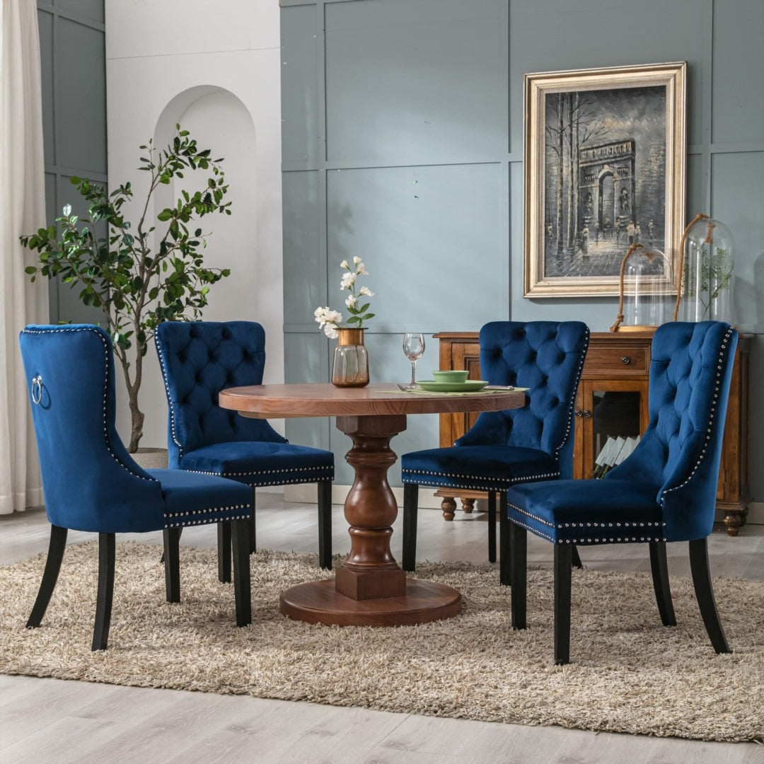 2x Velvet Dining Chairs Upholstered Tufted Kithcen Chair with Solid Wood Legs Stud Trim and Ring-Blue - Furniture >