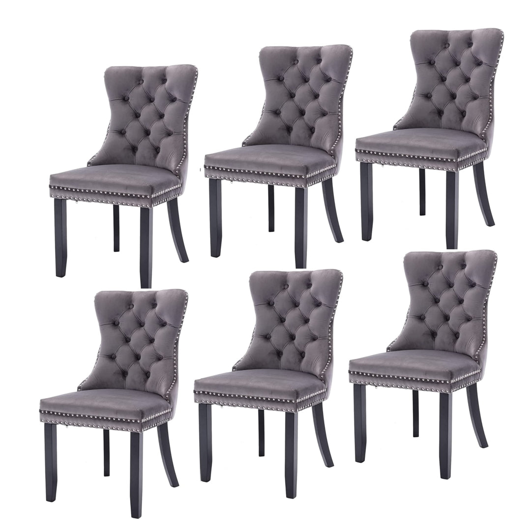 6x Velvet Dining Chairs Upholstered Tufted Kithcen Chair with Solid Wood Legs Stud Trim and Ring Gray Furniture >