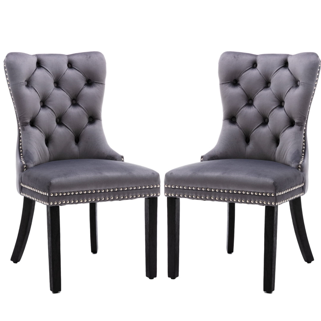 6x Velvet Dining Chairs Upholstered Tufted Kithcen Chair with Solid Wood Legs Stud Trim and Ring Gray Furniture >