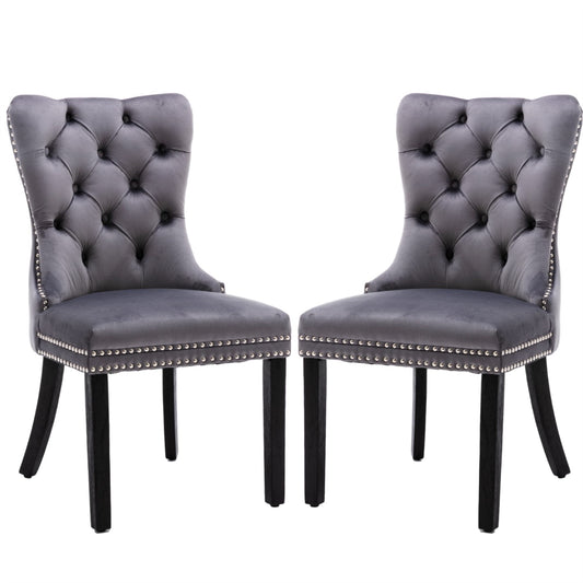 6x Velvet Dining Chairs Upholstered Tufted Kithcen Chair with Solid Wood Legs Stud Trim and Ring-Gray - Furniture >