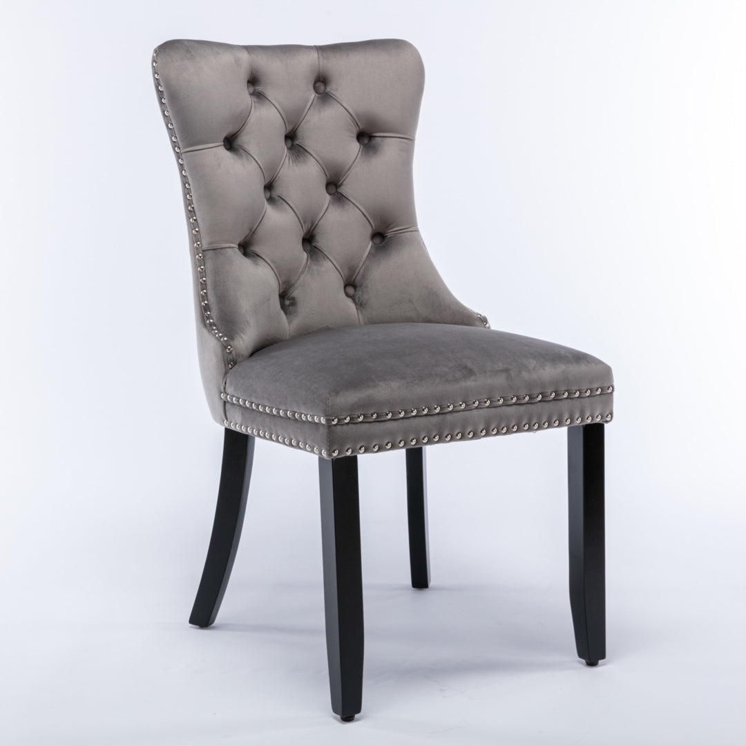 6x Velvet Dining Chairs Upholstered Tufted Kithcen Chair with Solid Wood Legs Stud Trim and Ring Gray Furniture >